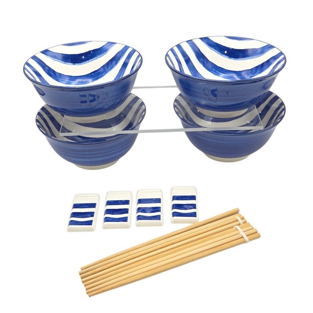 Brandani Italy 16pc Ramen Noodle Soup Bowl Set of 4 Blue Porcelain w/ Chopstick